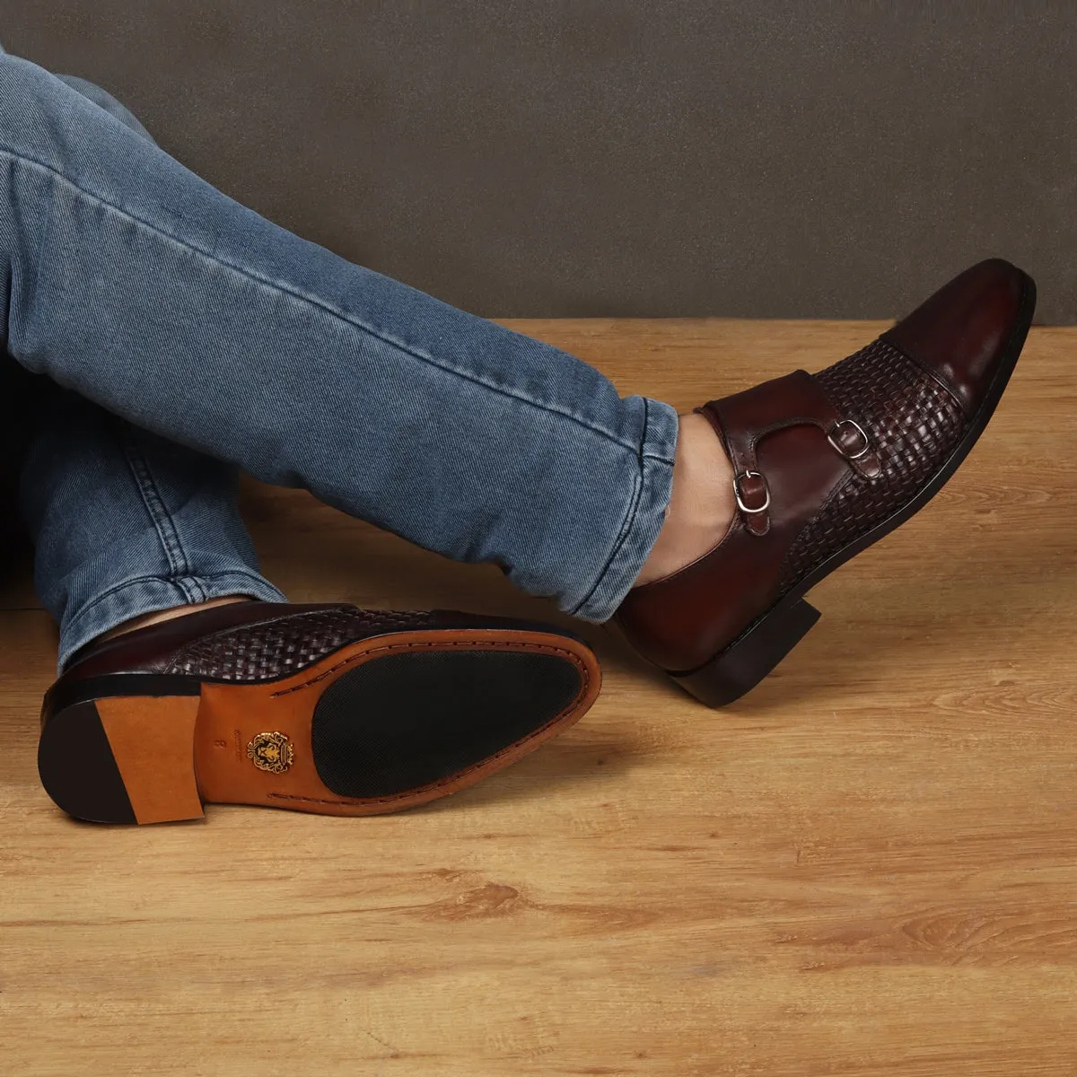 Double Monk Leather Shoe in Dark Brown Leather Dual Shade Woven Detailed Vamp to Quarter By Brune & Bareskin