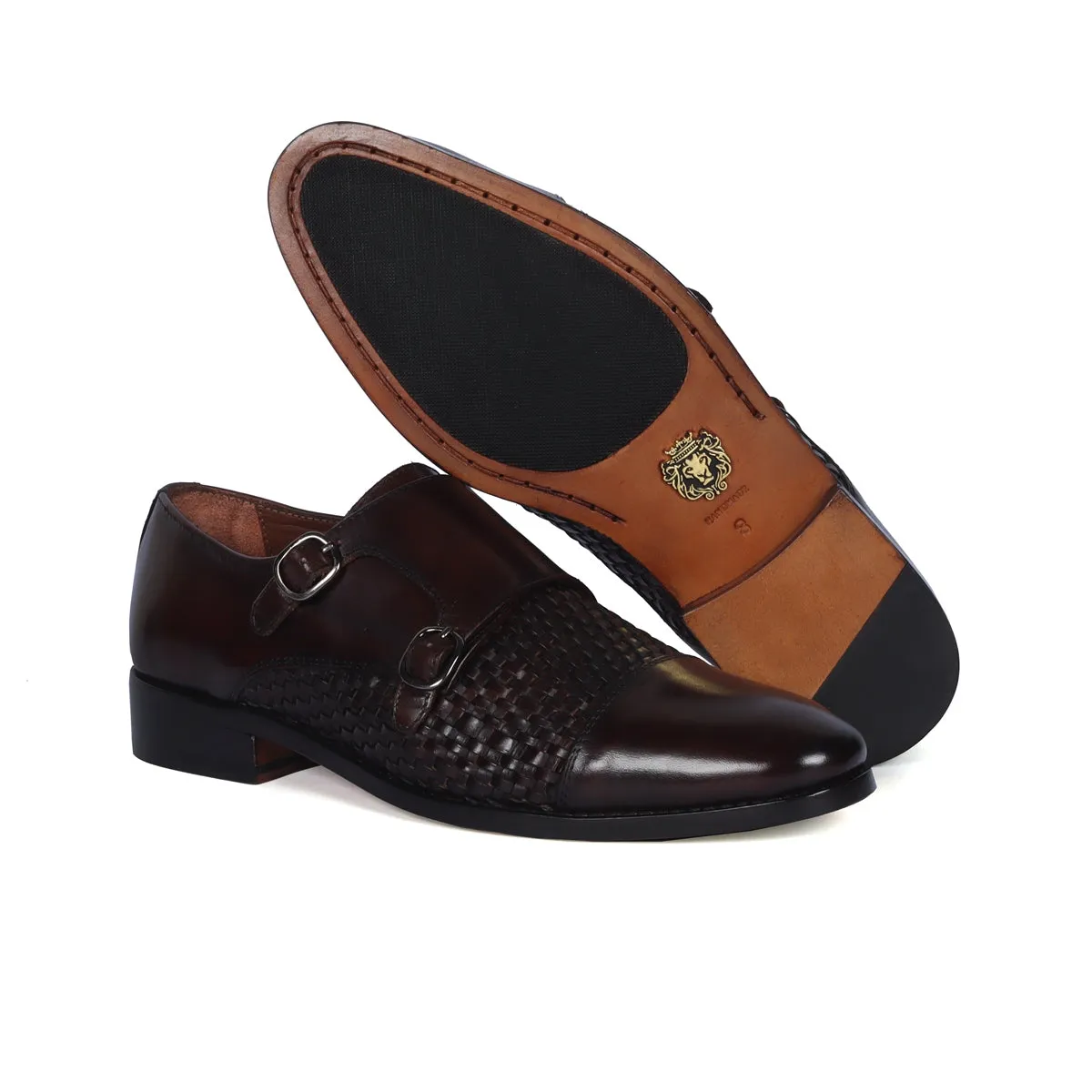 Double Monk Leather Shoe in Dark Brown Leather Dual Shade Woven Detailed Vamp to Quarter By Brune & Bareskin
