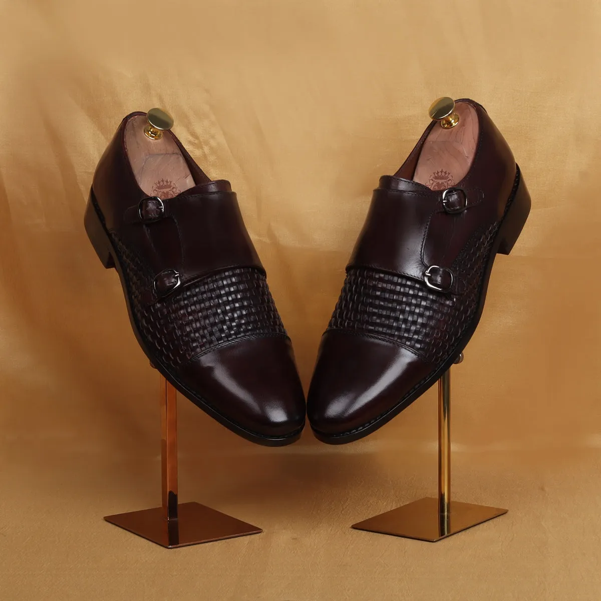 Double Monk Leather Shoe in Dark Brown Leather Dual Shade Woven Detailed Vamp to Quarter By Brune & Bareskin