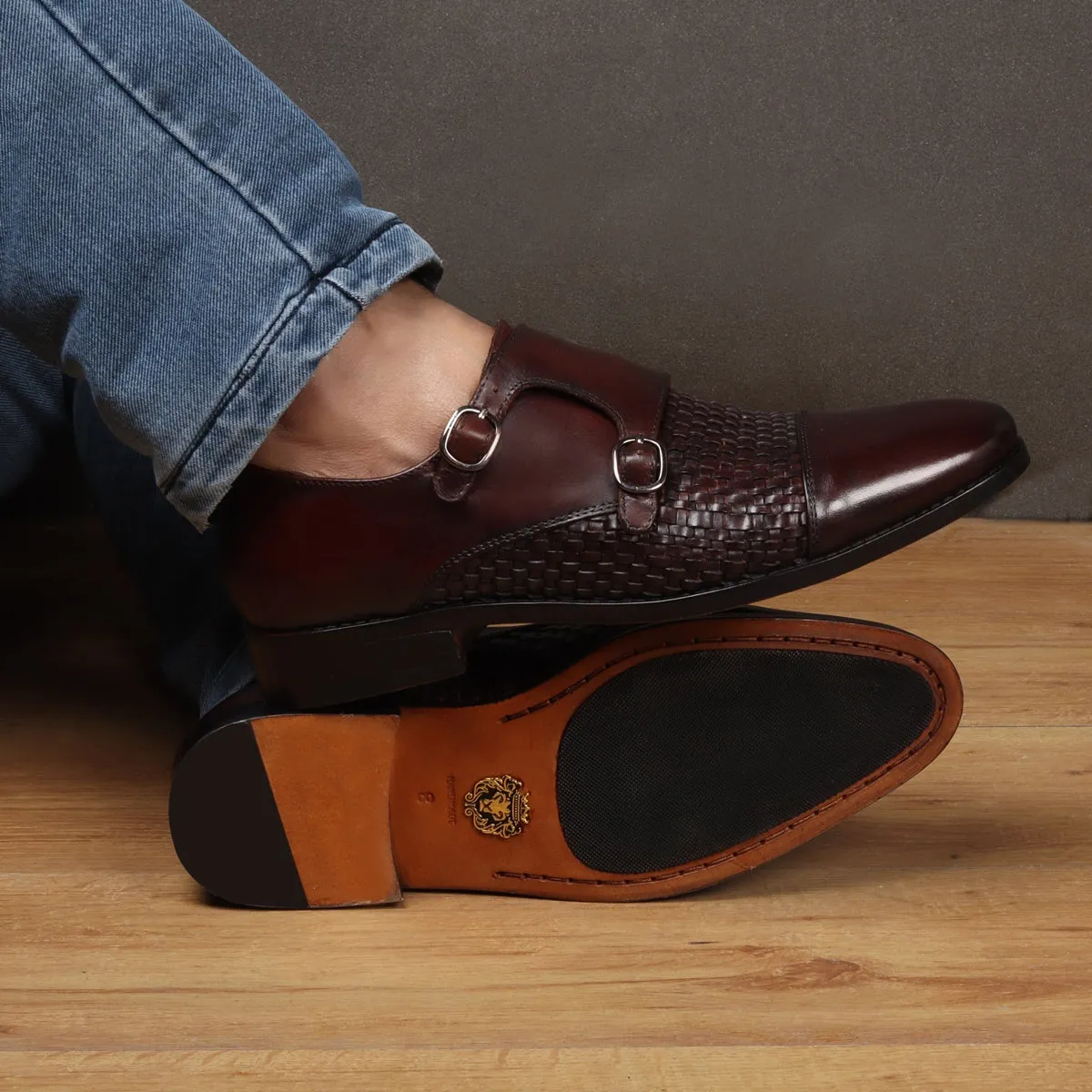 Double Monk Leather Shoe in Dark Brown Leather Dual Shade Woven Detailed Vamp to Quarter By Brune & Bareskin