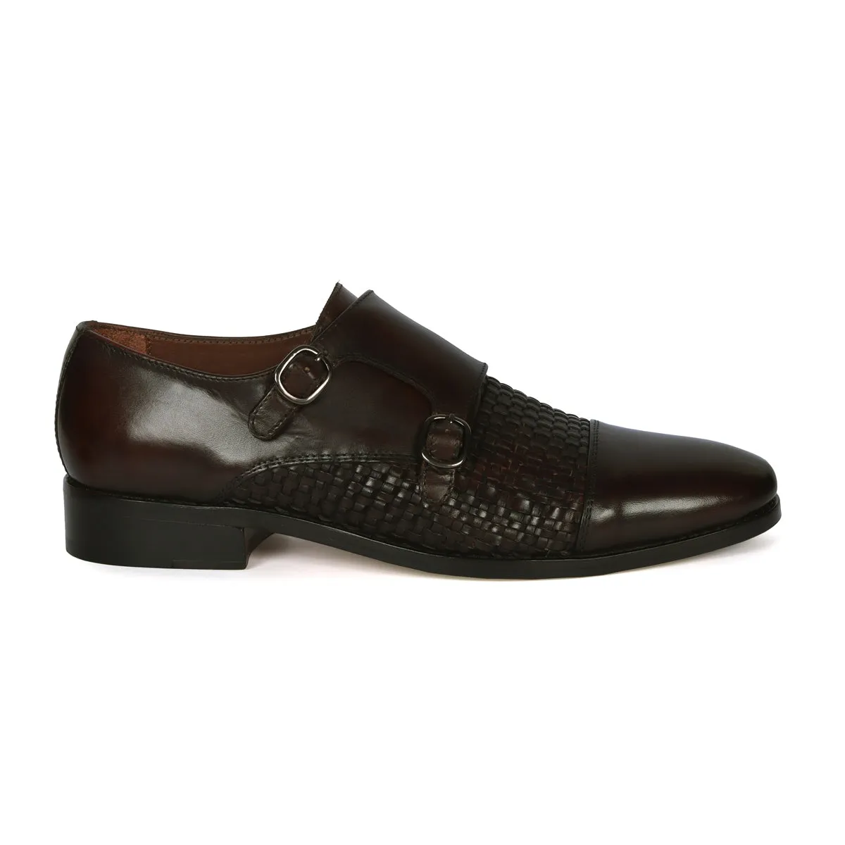 Double Monk Leather Shoe in Dark Brown Leather Dual Shade Woven Detailed Vamp to Quarter By Brune & Bareskin