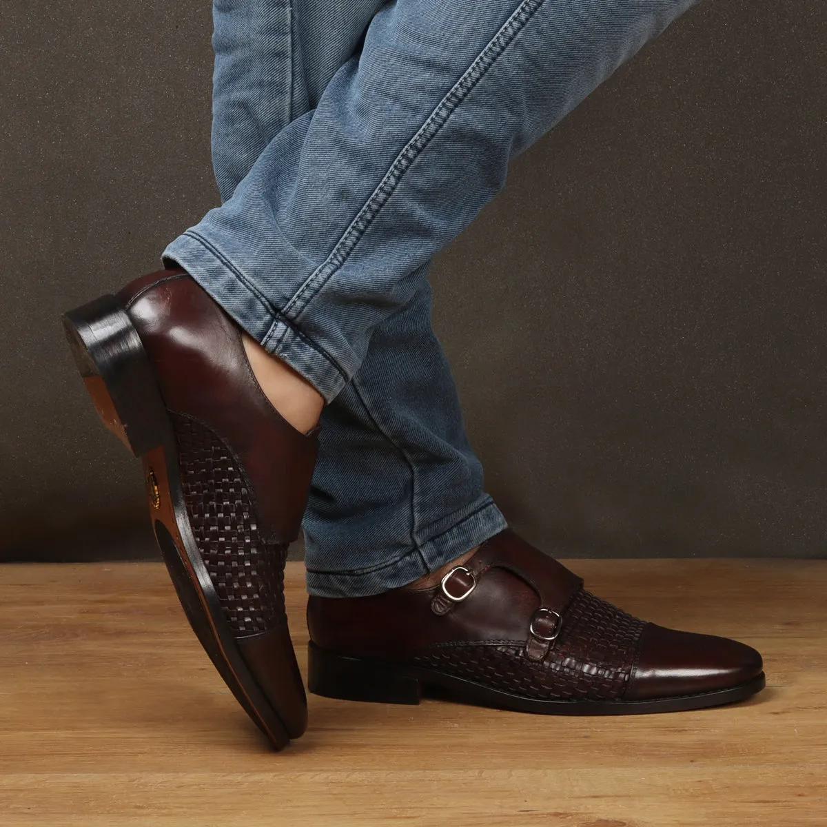 Double Monk Leather Shoe in Dark Brown Leather Dual Shade Woven Detailed Vamp to Quarter By Brune & Bareskin