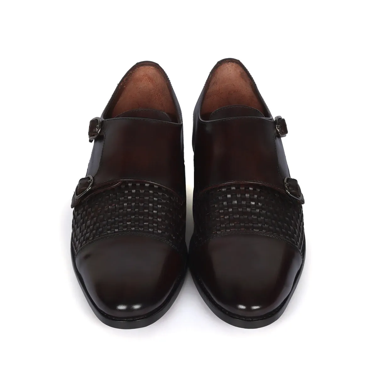 Double Monk Leather Shoe in Dark Brown Leather Dual Shade Woven Detailed Vamp to Quarter By Brune & Bareskin