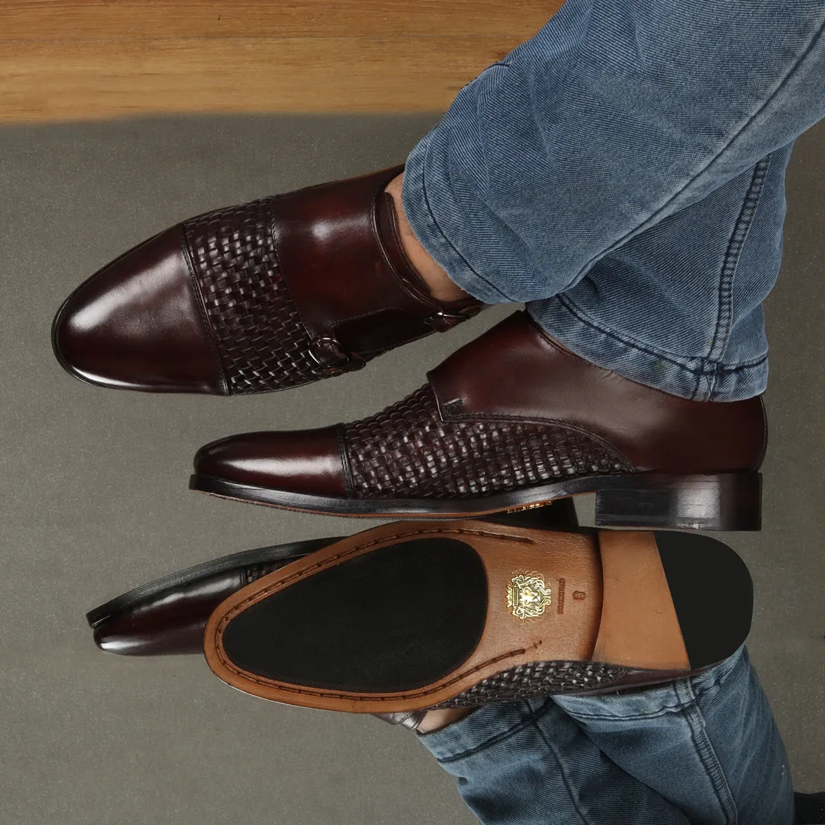Double Monk Leather Shoe in Dark Brown Leather Dual Shade Woven Detailed Vamp to Quarter By Brune & Bareskin
