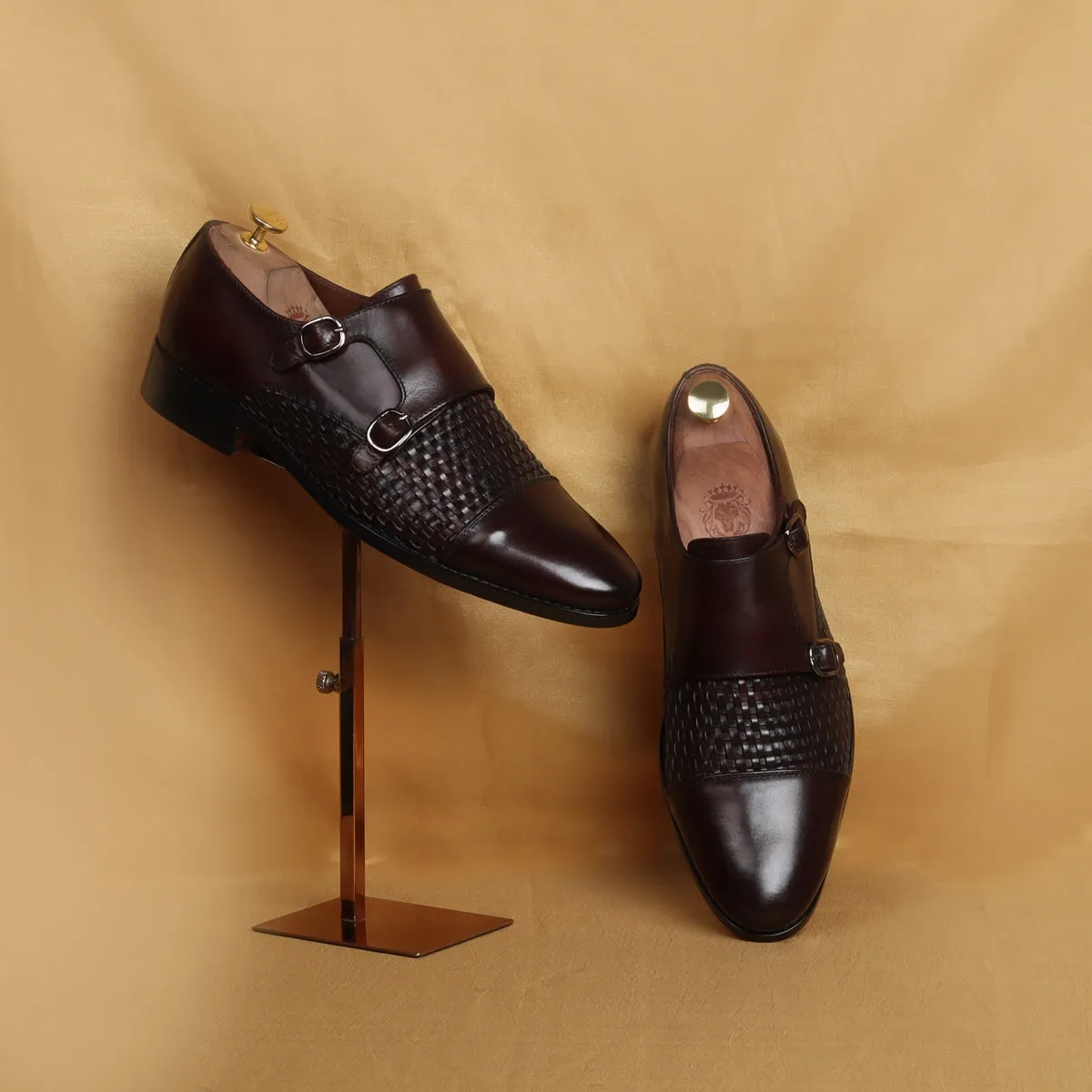 Double Monk Leather Shoe in Dark Brown Leather Dual Shade Woven Detailed Vamp to Quarter By Brune & Bareskin