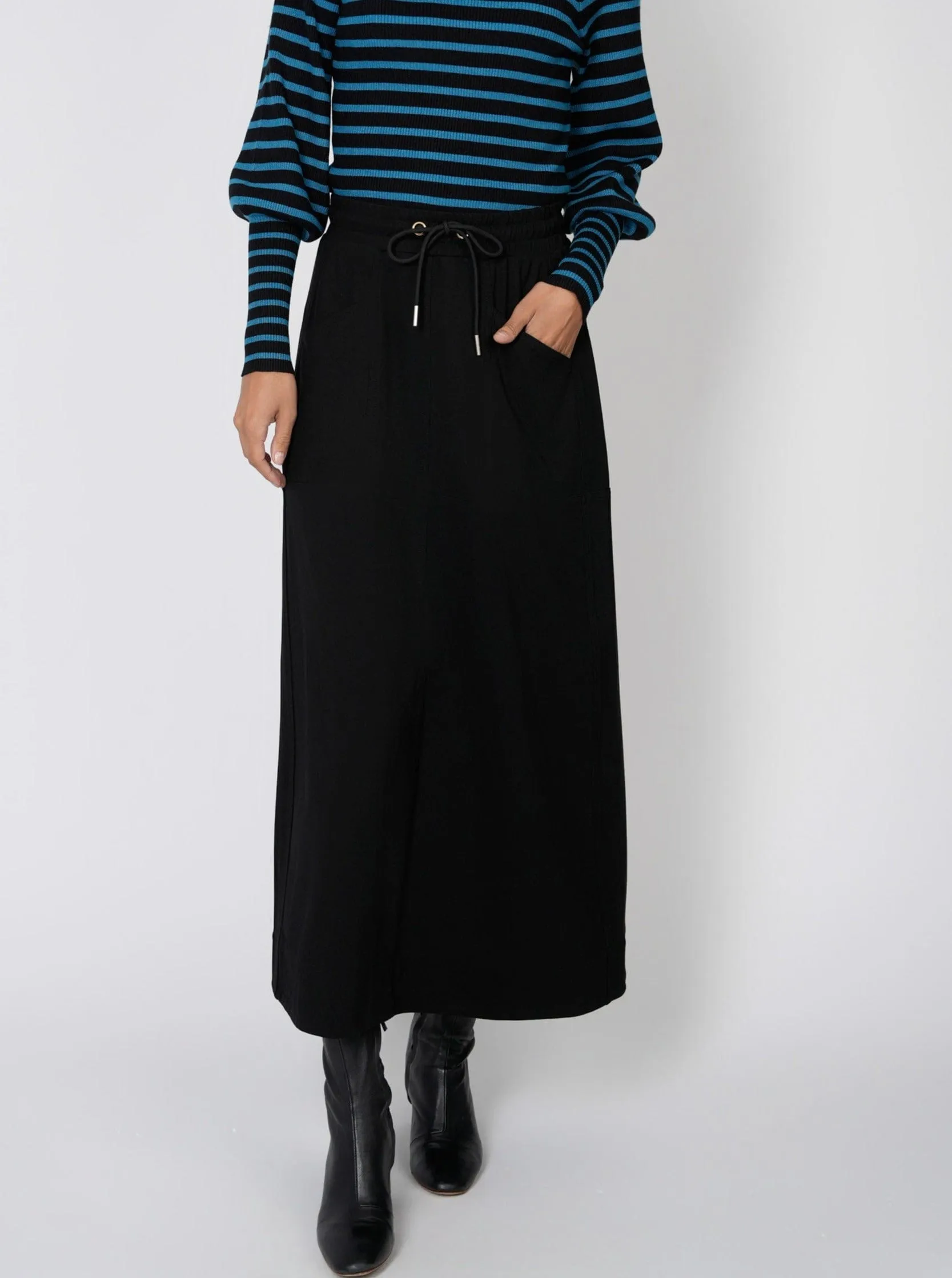 DRAWSTRING PONTE SKIRT-BLACK