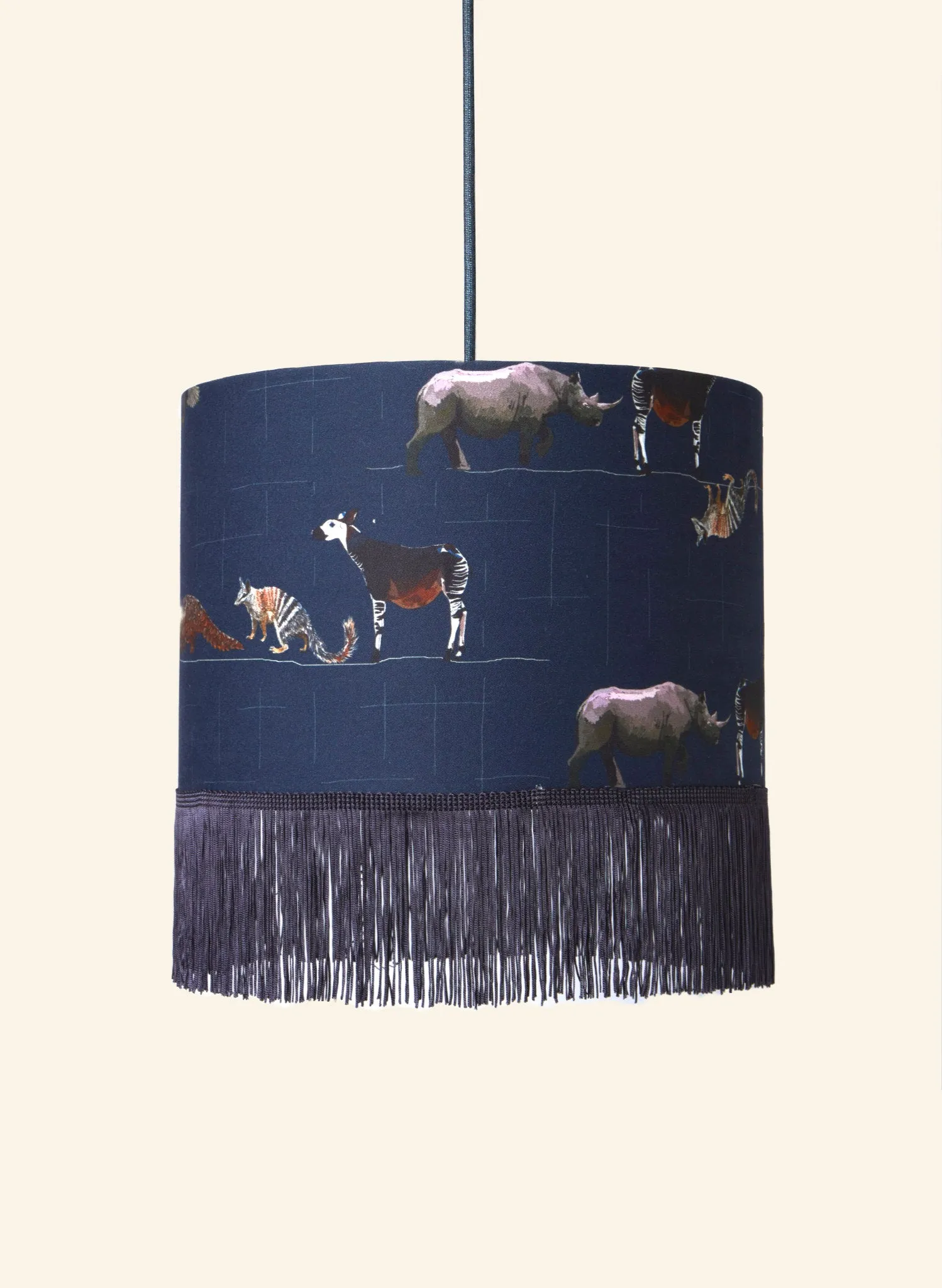 Drum Fringe Lampshade - Navy Endangered Animals