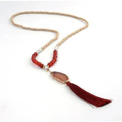 Druzy Natural Stone Pendant Fringed Bohemian Tassel