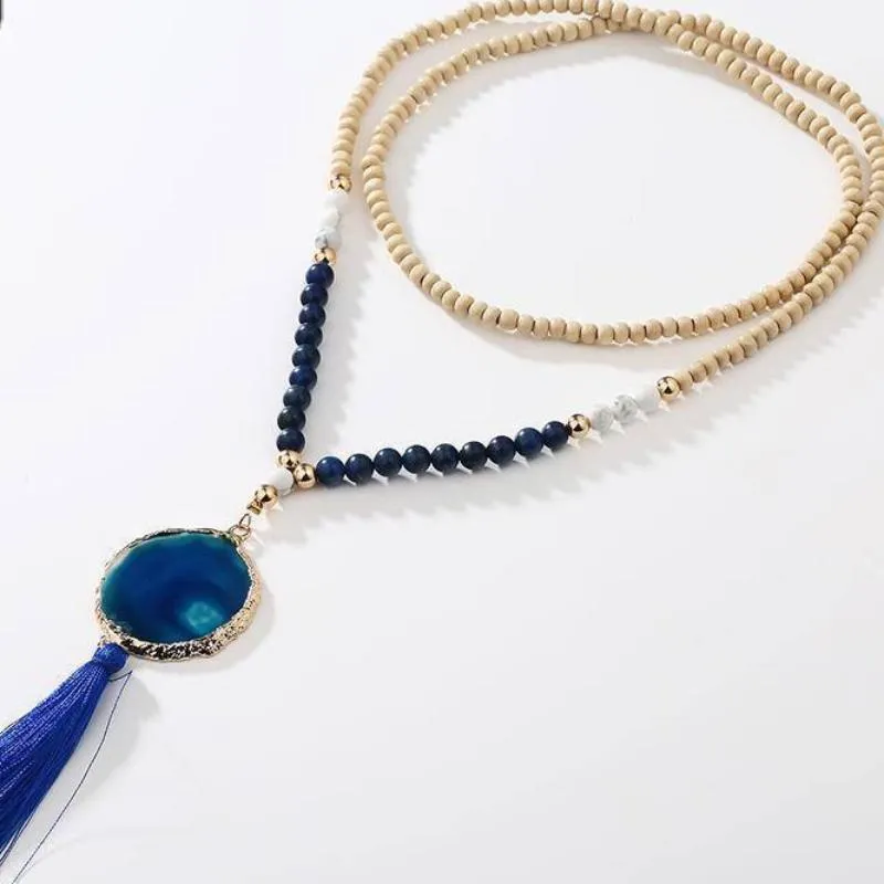Druzy Natural Stone Pendant Fringed Bohemian Tassel