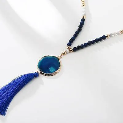 Druzy Natural Stone Pendant Fringed Bohemian Tassel