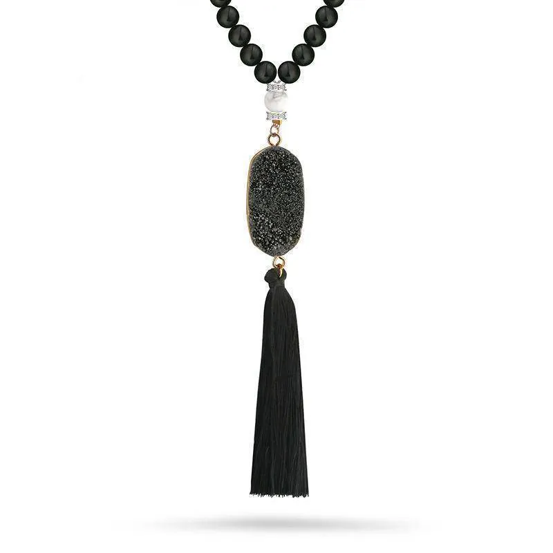 Druzy Natural Stone Pendant Fringed Bohemian Tassel