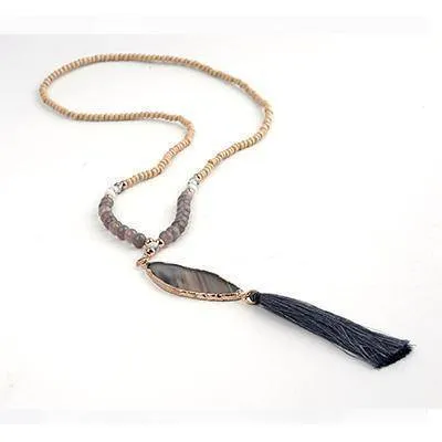 Druzy Natural Stone Pendant Fringed Bohemian Tassel