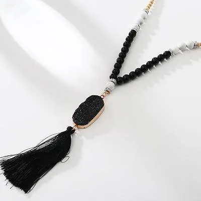 Druzy Natural Stone Pendant Fringed Bohemian Tassel