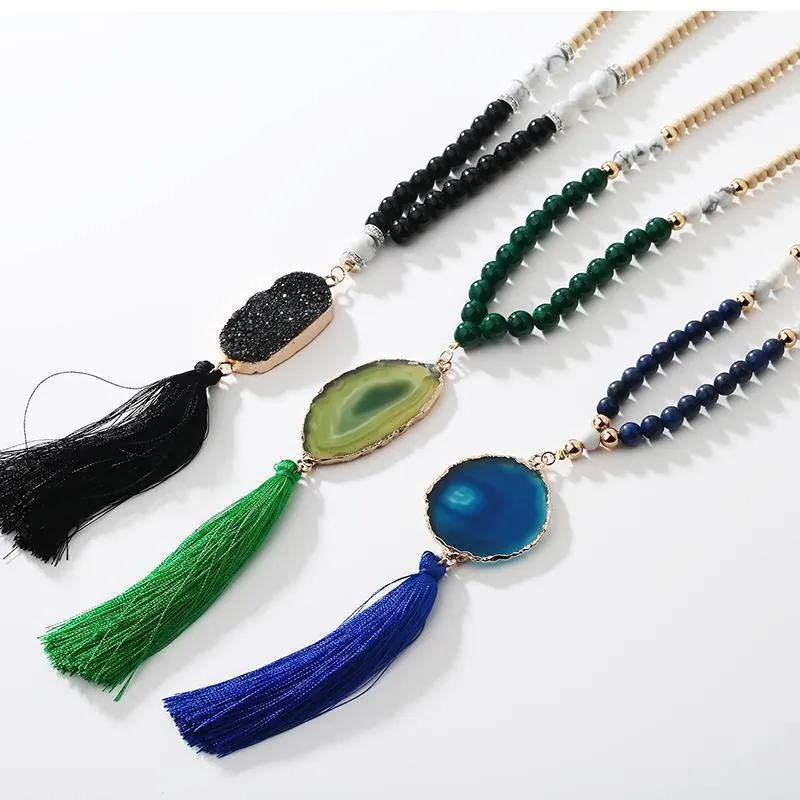 Druzy Natural Stone Pendant Fringed Bohemian Tassel