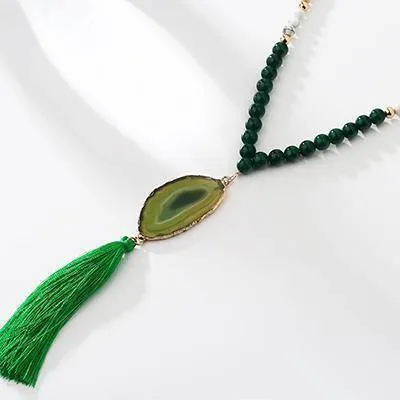 Druzy Natural Stone Pendant Fringed Bohemian Tassel
