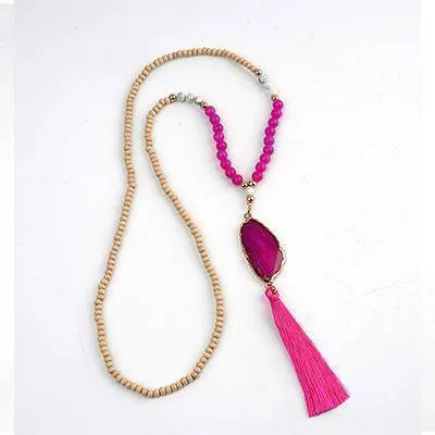 Druzy Natural Stone Pendant Fringed Bohemian Tassel