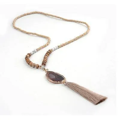 Druzy Natural Stone Pendant Fringed Bohemian Tassel