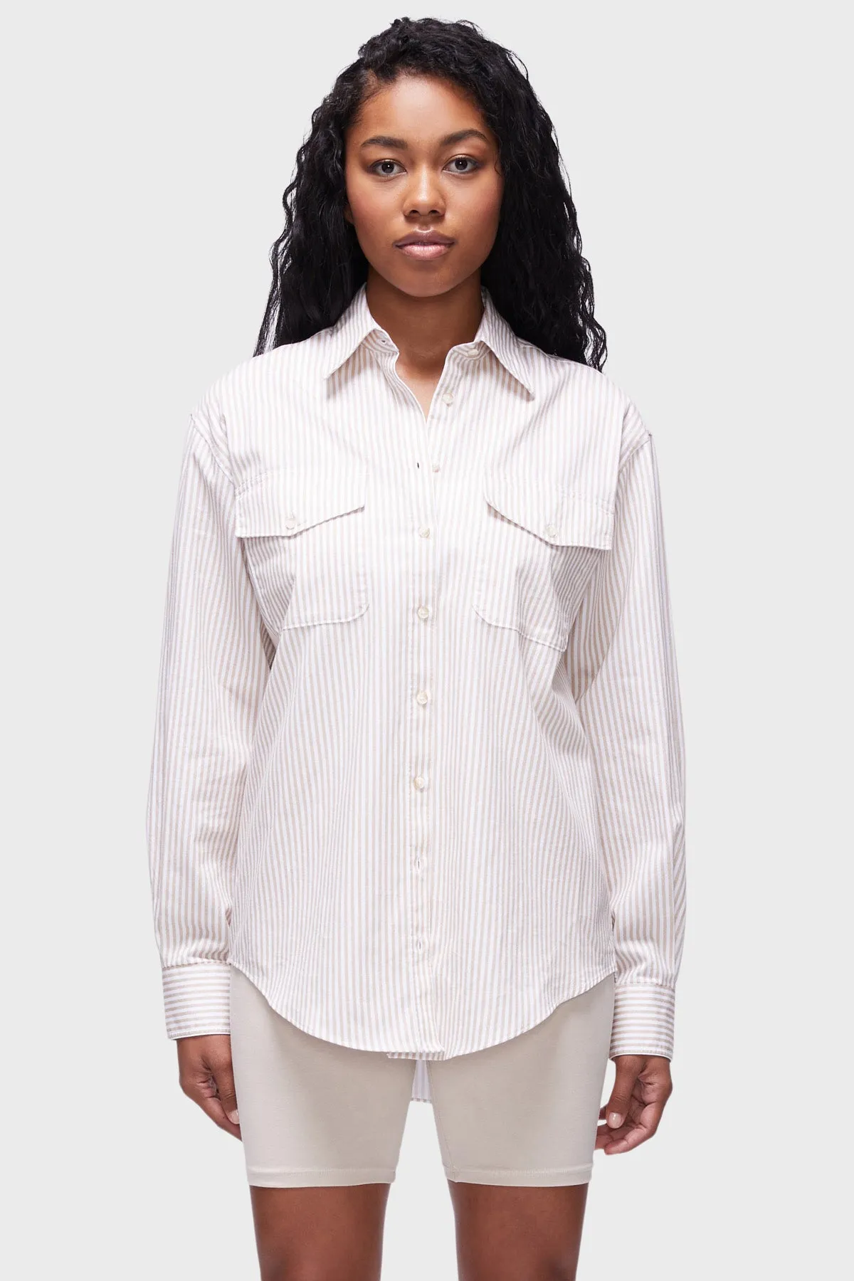DSTLD 90s Button Down in Khaki White Stripe