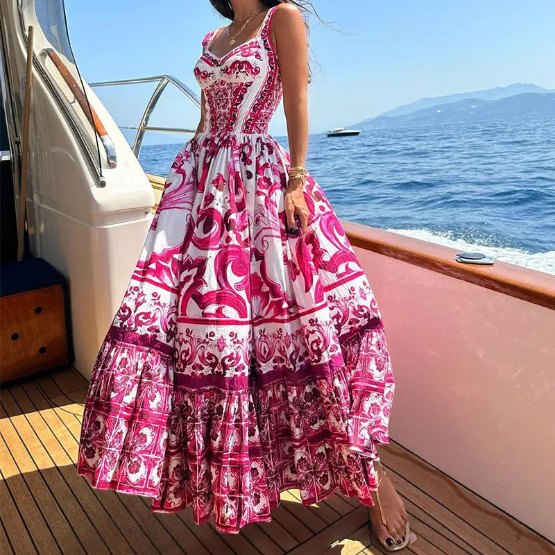 DUNNMALL  In Stock  Spring and Summer New Cross-Border  Women's Fashion Elegant Big Hem Mid-Length Printing Slip Dress