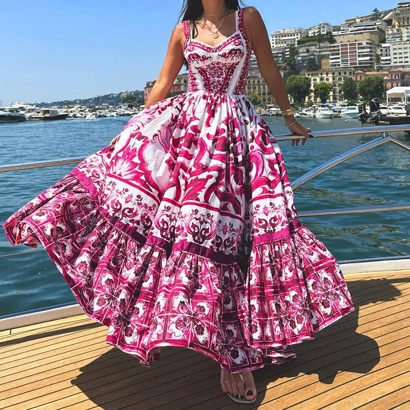 DUNNMALL  In Stock  Spring and Summer New Cross-Border  Women's Fashion Elegant Big Hem Mid-Length Printing Slip Dress