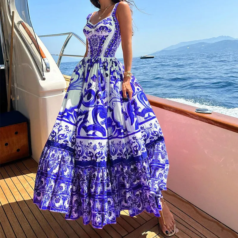 DUNNMALL  In Stock  Spring and Summer New Cross-Border  Women's Fashion Elegant Big Hem Mid-Length Printing Slip Dress