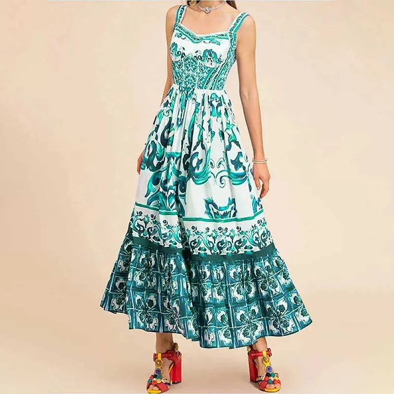 DUNNMALL  In Stock  Spring and Summer New Cross-Border  Women's Fashion Elegant Big Hem Mid-Length Printing Slip Dress