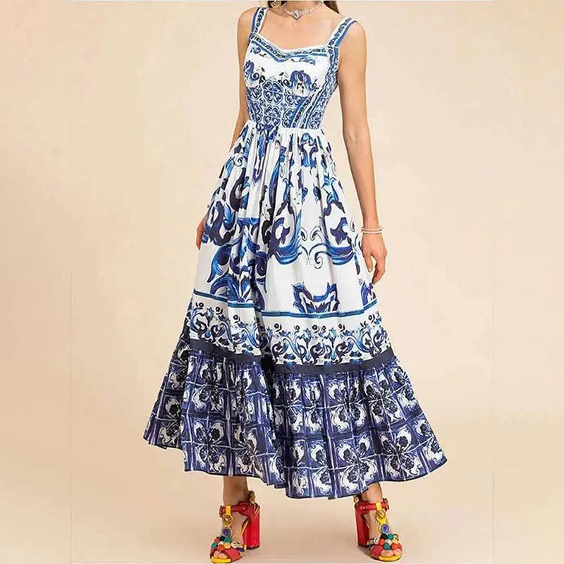 DUNNMALL  In Stock  Spring and Summer New Cross-Border  Women's Fashion Elegant Big Hem Mid-Length Printing Slip Dress