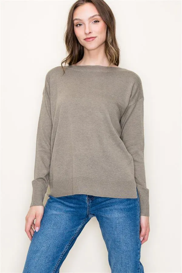 Earthy Embrace Boat Neck Olive Pullover Sweater