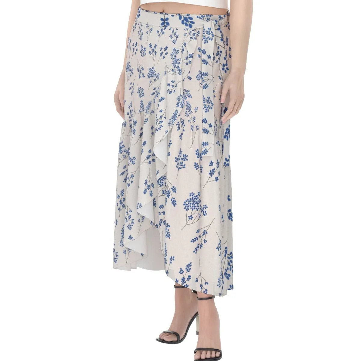 Ecru Blue Floral - Print Women's Wrap Skirt