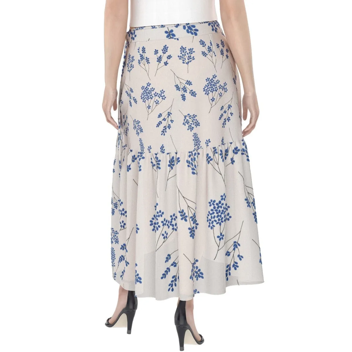 Ecru Blue Floral - Print Women's Wrap Skirt