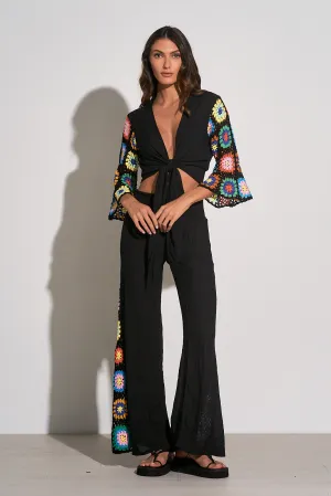 Elan Black Crocheted Tie Front Top
