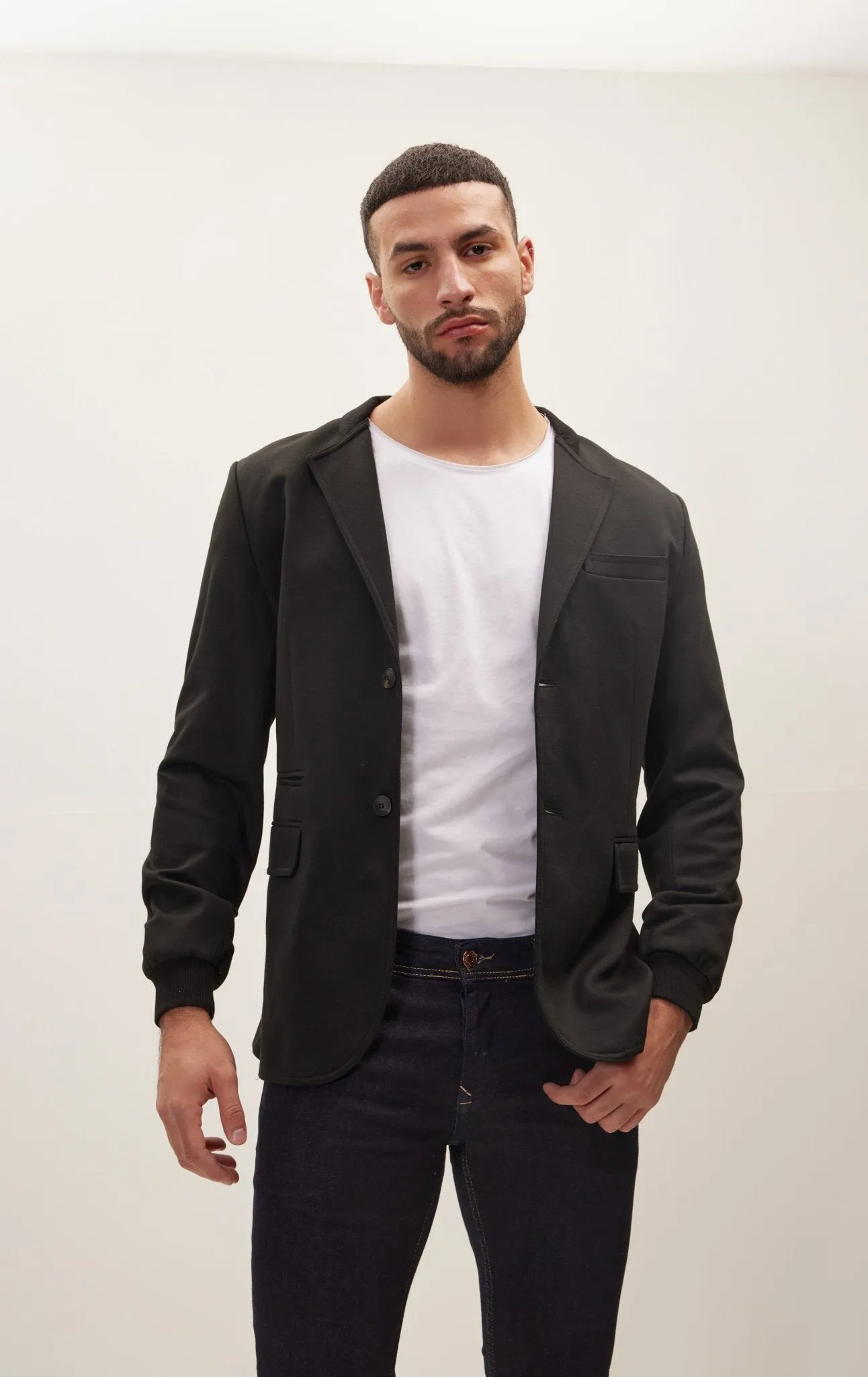 Elastic Cuff And Neck Detail Fitted Blazer - Black