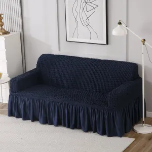 Elastic Stretchable 280 GSM Turkish Bubble Sofa Cover with Frill, Navy Blue