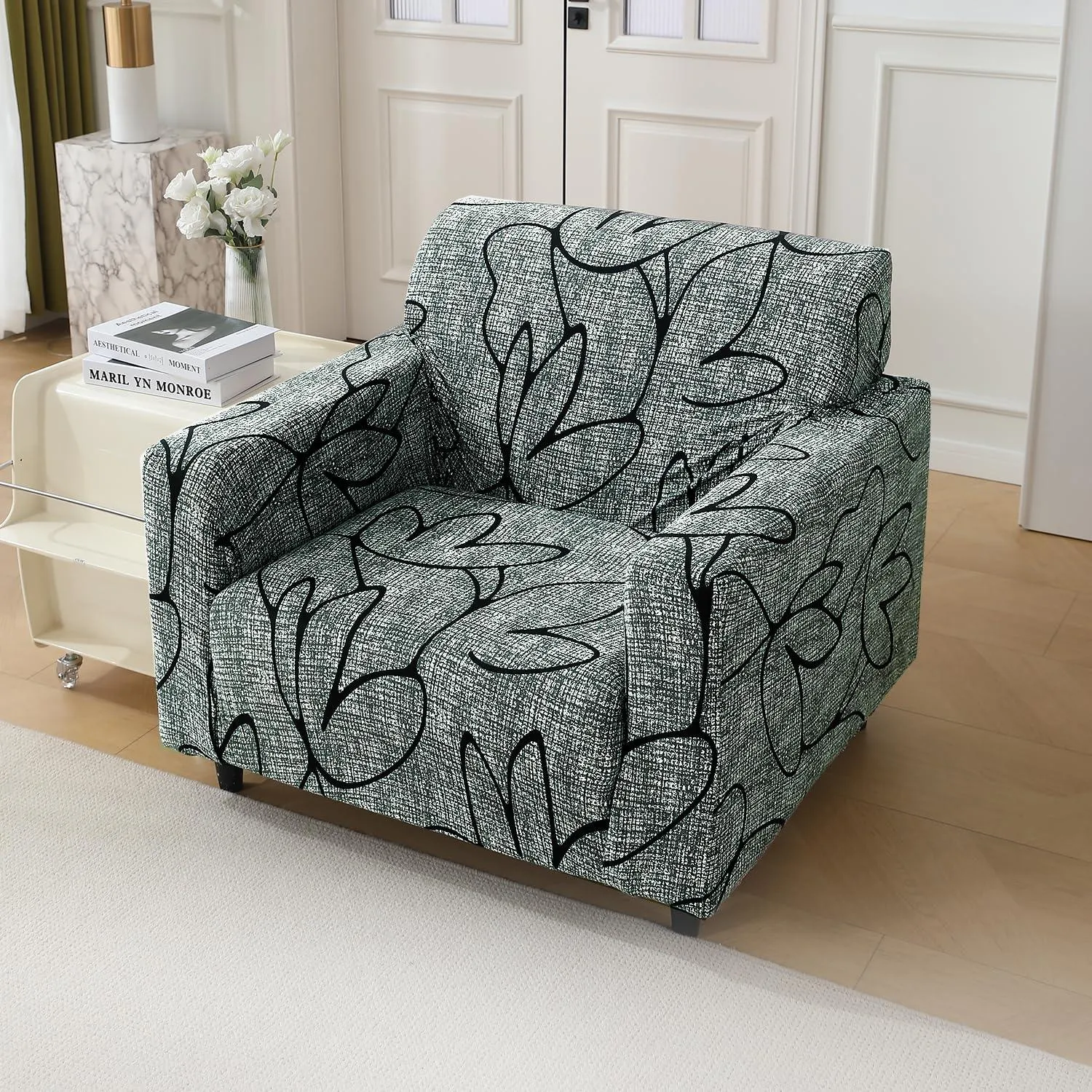 Elastic Stretchable Printed 140gsm Fully Covered Sofa Cover, Intense Grey Abstract Floral