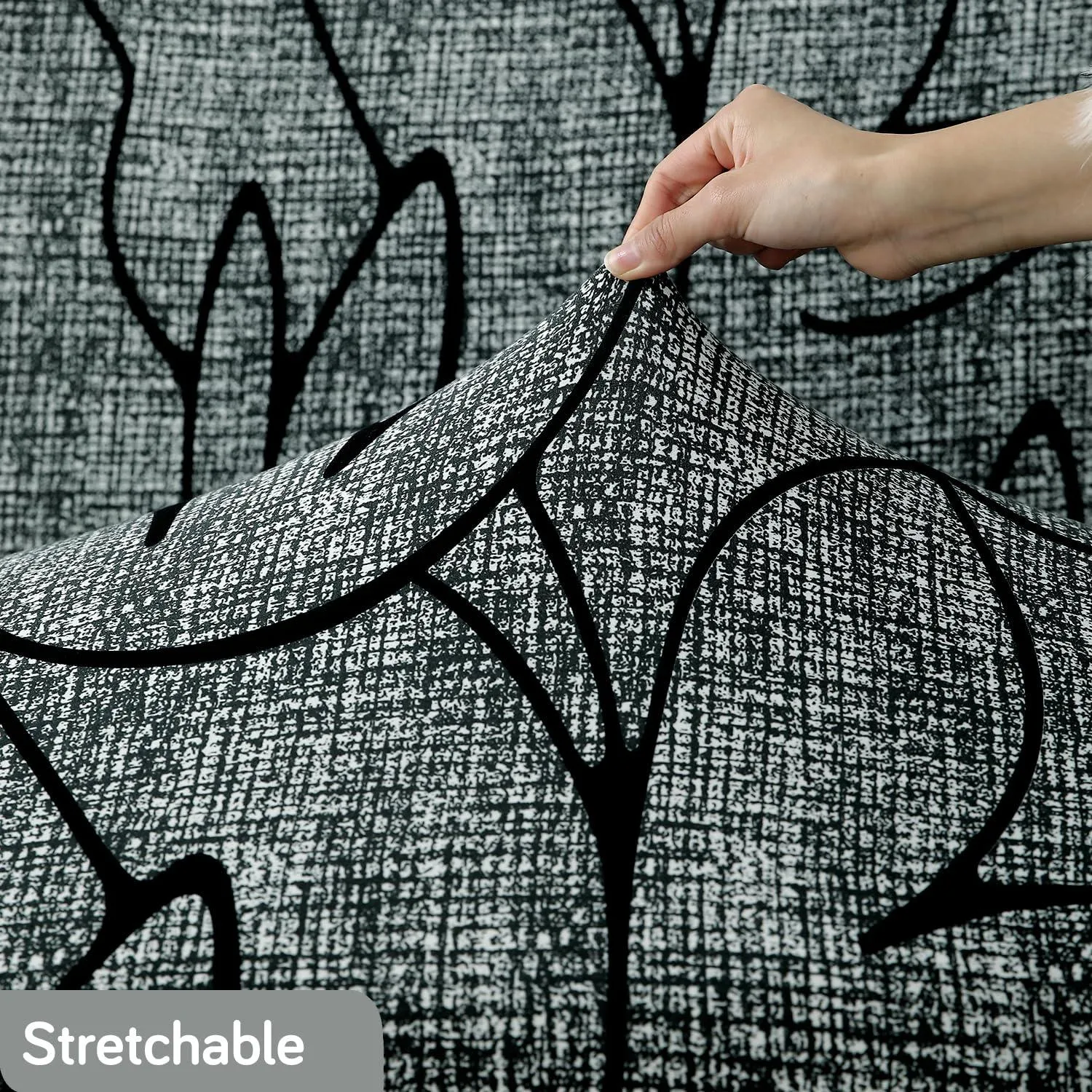 Elastic Stretchable Printed 140gsm Fully Covered Sofa Cover, Intense Grey Abstract Floral