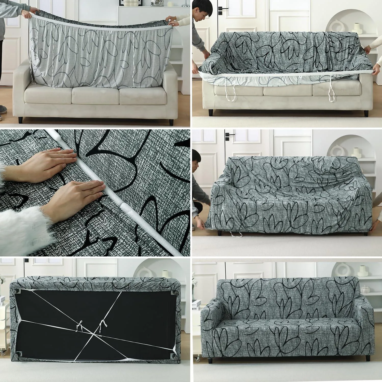 Elastic Stretchable Printed 140gsm Fully Covered Sofa Cover, Intense Grey Abstract Floral