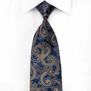 Elegance Men's Crystal Silk Necktie Golden Acanthus Paisley On Blue With Sparkles