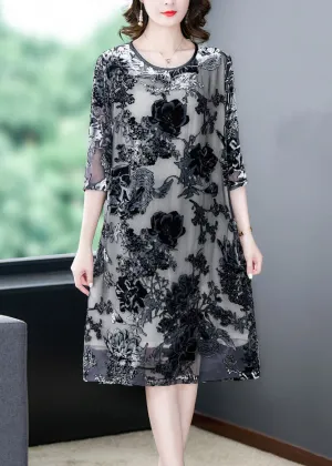 Elegant Black Grey Embroideried Patchwork Silk Dresses Summer LY5930