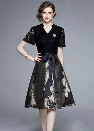Elegant Black Lace Jacquard Patchwork Tie Waist Silk Mid Dress Summer LY7449