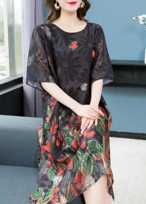 Elegant Black O Neck Print Patchwork Chiffon Mid Dress Summer LY6495