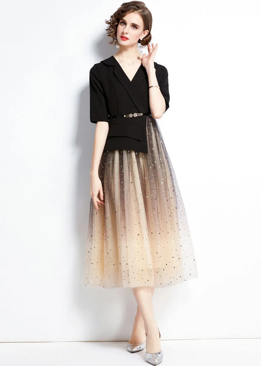 Elegant Black V Neck Sequins Tulle Patchwork Spandex Dresses Summer LY7360