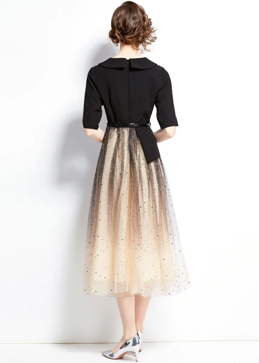 Elegant Black V Neck Sequins Tulle Patchwork Spandex Dresses Summer LY7360