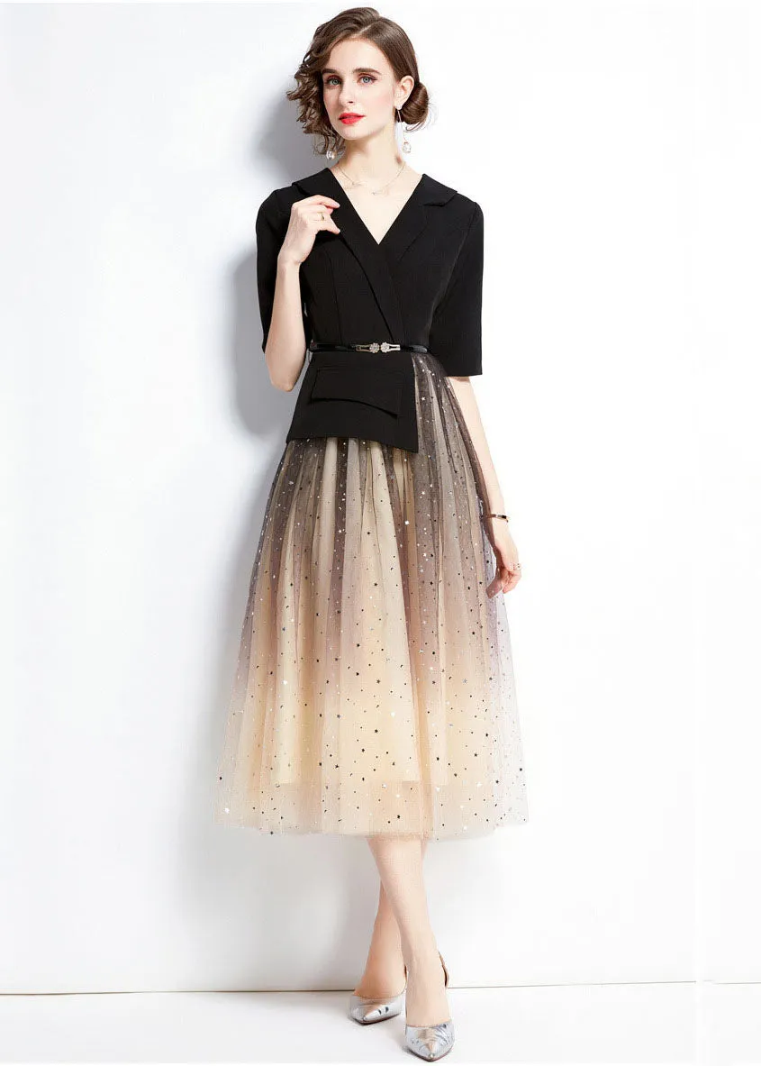 Elegant Black V Neck Sequins Tulle Patchwork Spandex Dresses Summer LY7360