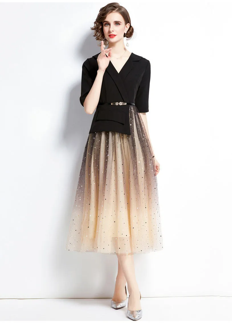 Elegant Black V Neck Sequins Tulle Patchwork Spandex Dresses Summer LY7360