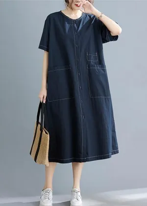 Elegant Blue Pockets Short Sleeve Maxi Summer Cotton Dress