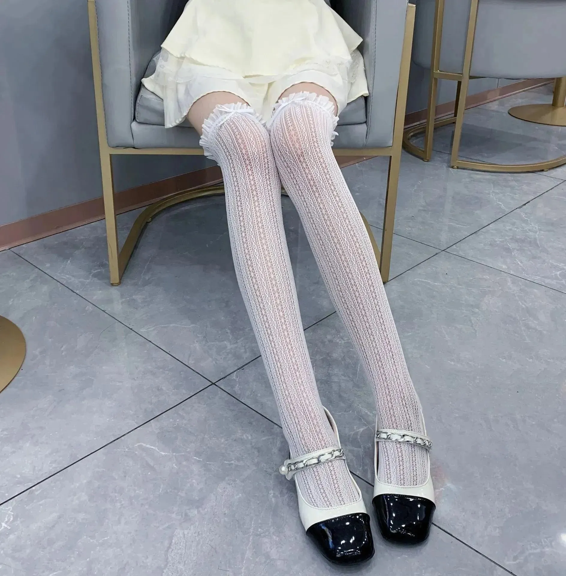 Elegant Lace Over the Knee Socks with Ruffle Trim and Bow Detail