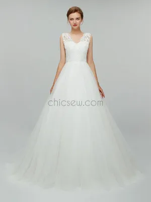 Elegant Lace Top V Back White A-line Long Wedding Dresses XDM1102