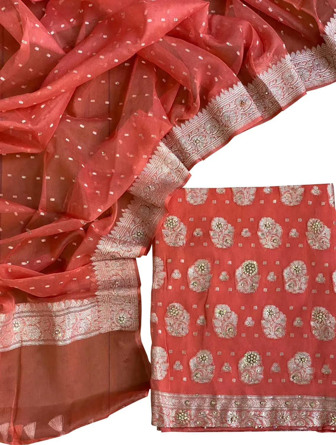 Elegant Orange Banarasi Chiffon Suit Set