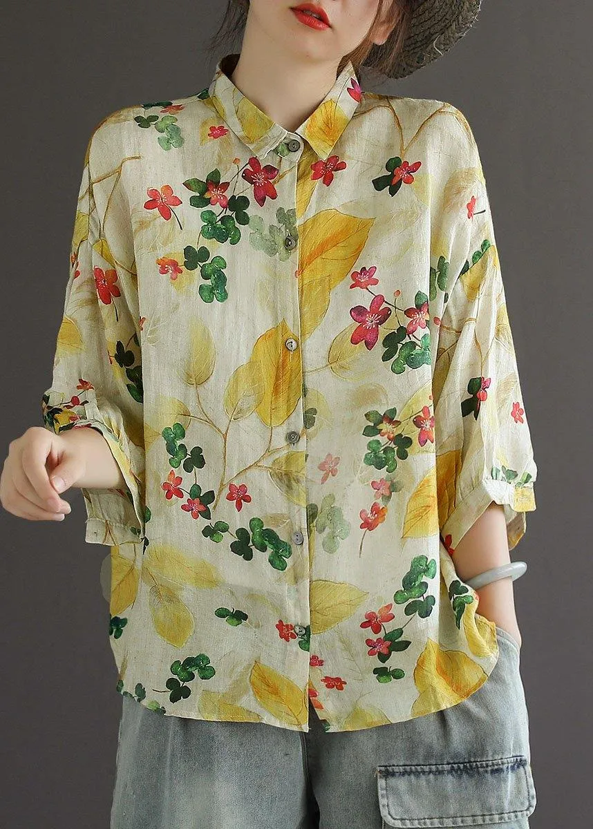 Elegant Print Peter Pan Collar Button Summer Linen Top Three Quarter Sleeve