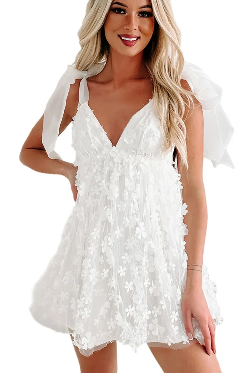 Elegant White Flower Applique Puffy Dress